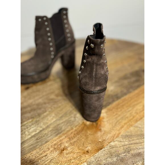 Janet Sport Suede Platform Booties 8.5 Brown Italian Studded Chunky Heel - Picture 7 of 15